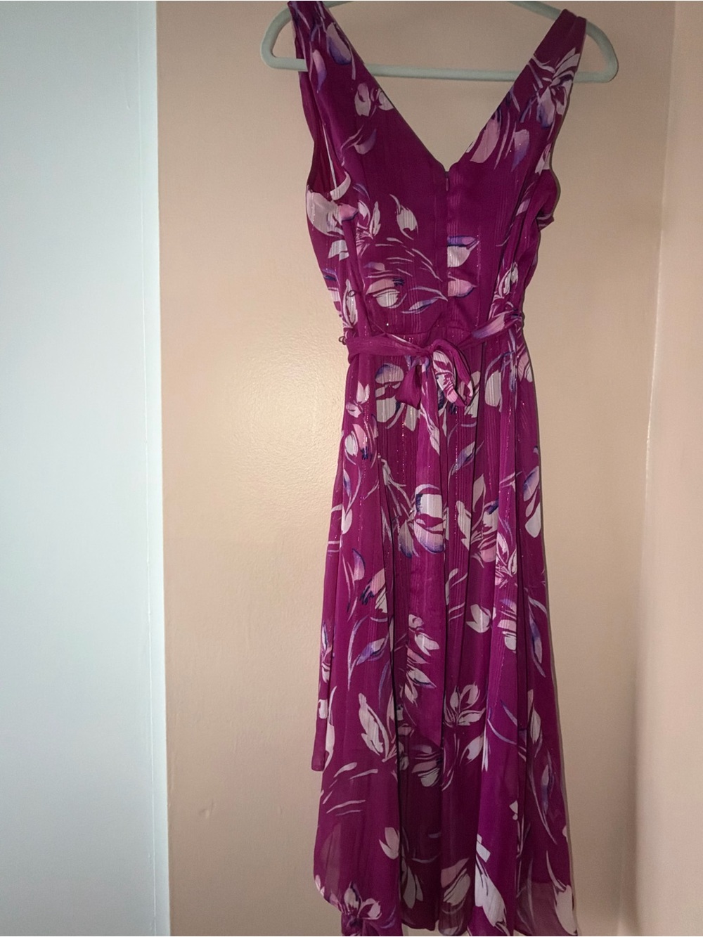 DKNY Magenta Floral V-Neck Midi Dress